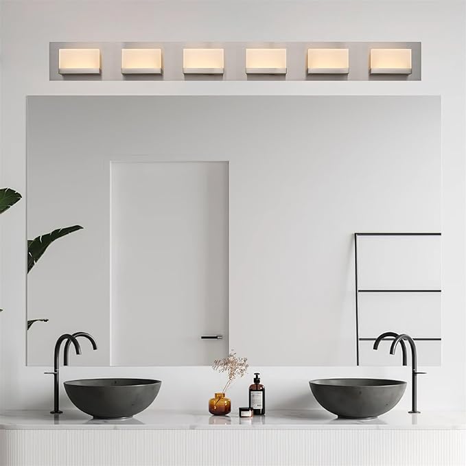 Kira Home Everett 48" Modern 6-Light 60W Integrated LED (360W eq.) Bathroom/Vanity Light, Rectangular Acrylic Lenses, Energy Efficient, Eco-Friendly, 3000k Warm White Light, Brushed Nickel Finish