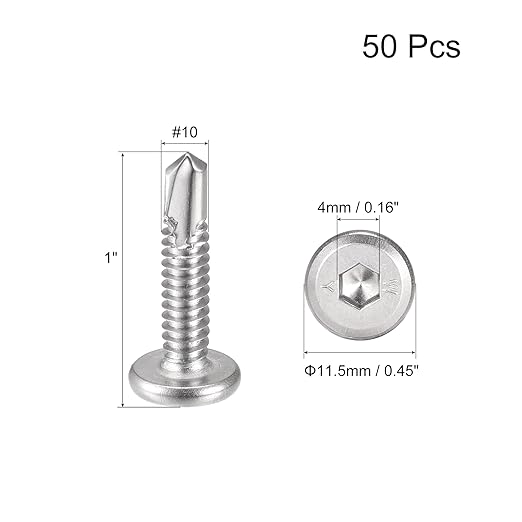 uxcell Hex Socket Self Tapping Screws, #10 x 1 410 Stainless Steel Sheet Metal Flat Head Drilling Screw 50pcs, Silver