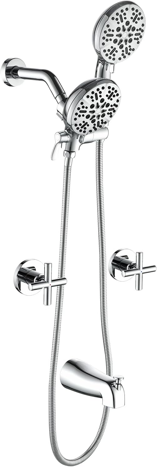 2 Handles Shower Faucet Set with Tub Spout Bathtub Shower Faucet Combo Set Shower System Complete Tub and Shower Trim Kit Chrome Polished Wall Mounted Shower Fixtures