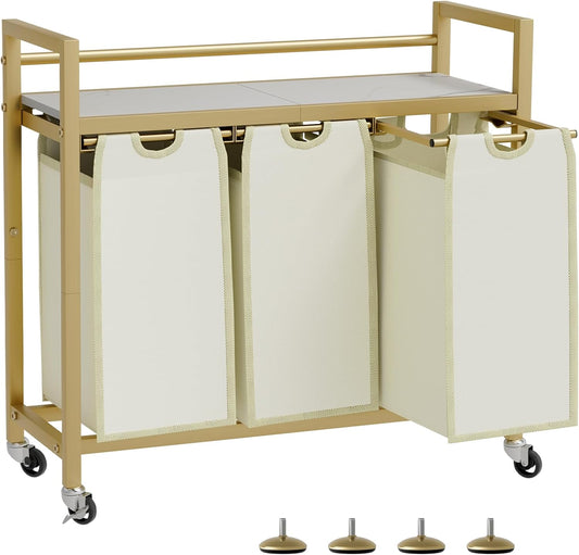 Laundry Hamper, Laundry Basket, Laundry Sorter with 3 Removable Bags, Clothes Basket with 3 Compartments, Wheels, Shelf for Laundry Room Bathroom Bedroom (3 Bags-Golden)