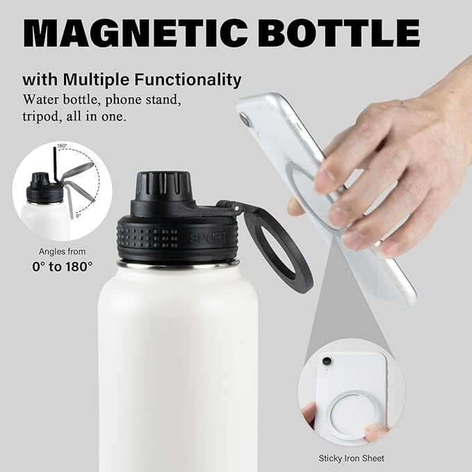 Magnetic Water Bottle with Phone Holder, 32oz Insulated Water Bottle Stainless Steel Travel Water Bottle for Gym, Hot 12H, Cold 24H (Black) (White)