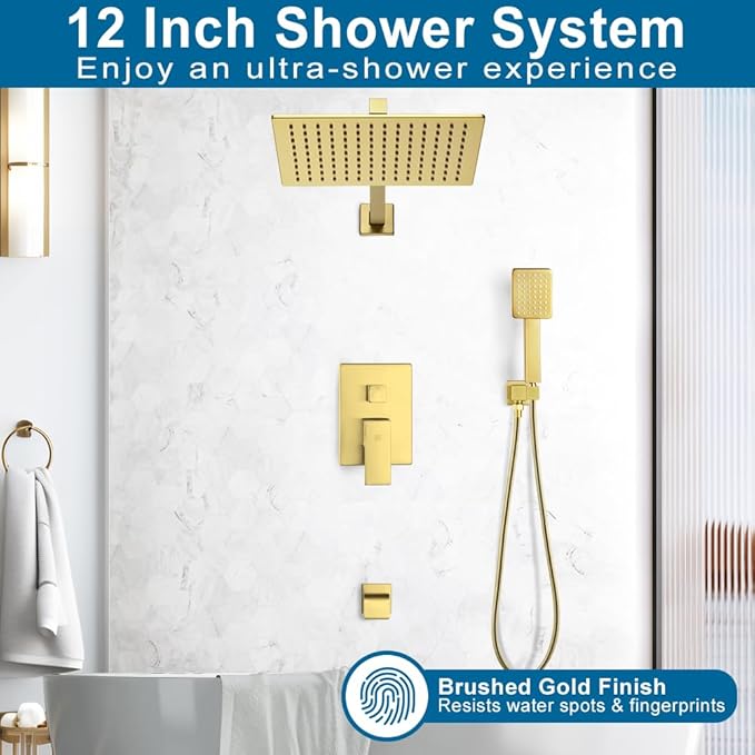 POP SANITARYWARE Shower Tub Faucet Set Brushed Gold Bathroom Shower System with Tub Spout Wall Mounted Rainfall 12 Inch Thickened Shower Head and Handle Set Include Shower Valve and Trim Kit