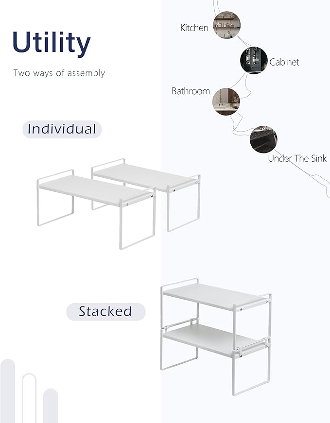 Nxconsu 2Pack Cabinet Shelves Stackable Shelf Organizer Rack Riser for Kitchen Cabinet Pantry Cupboard Counter Countertop Home Organization Storage Space Saver Heavy Duty Metal Nonslip White Wide