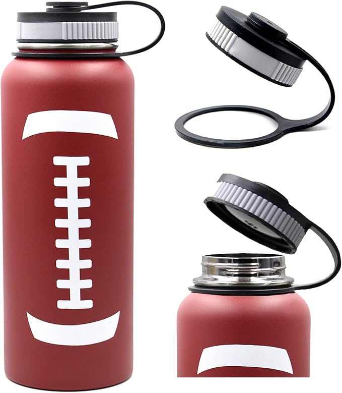 40 oz Football Water Bottle, Sports Water Bottles with 2 Lids 18/8 Stainless Steel Travel Tumbler Double Wall Vacuum Insulated Hot/Cold Standard Metal Canteen (40oz, Football)