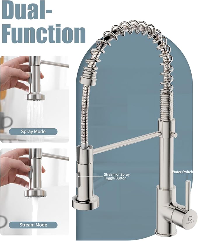 Kitchen Faucet, Kitchen Faucet with Soap Dispenser, Faucet for Camper Farmhouse RV Kitchen Sink, Single Handle Stainless Steel Kitchen Sink Faucets with Pull Down Sprayer, Nickel Brushed