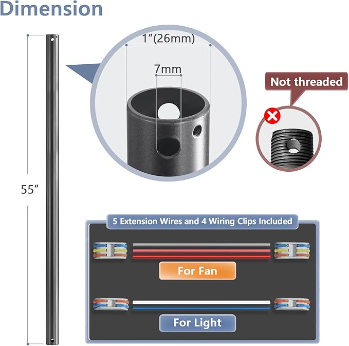 55" Ceiling Fan Downrod, 【1 Outside Diameter】 Black Extended Downrod, including 4 Wire Connectors and 5 Extension Wires (No Threads)