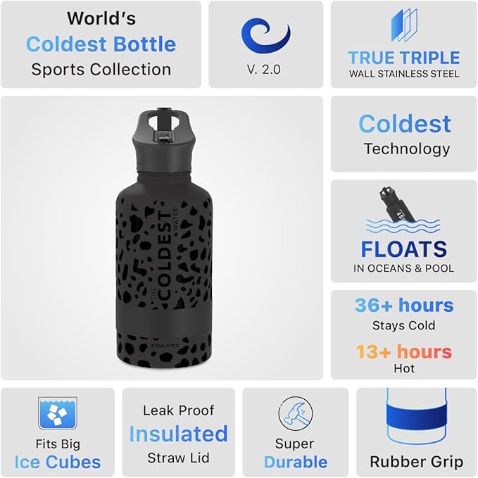 Coldest Sports Water Bottle - 64 oz(Straw Lid), Leak Proof, Vacuum Insulated Stainless Steel, Hot Cold, Double Walled, Thermo Mug, Metal Canteen (64 oz, Black Leopard)