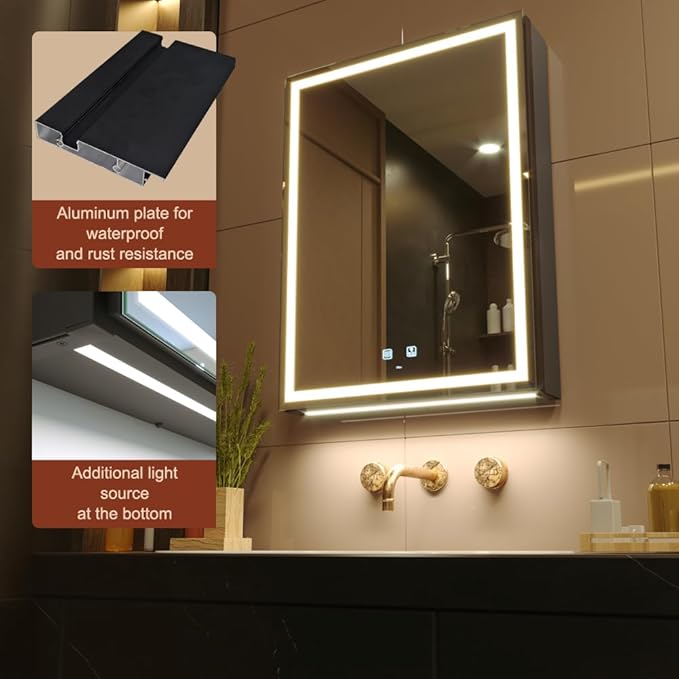 KWW LED Lighted Bathroom Medicine Cabinet with Sockets & USBs, Defogger, Dimmable, 3 Color Light Makeup Mirror, Easy to Install, Wall Mounted Cabinet (19.5 * 28)