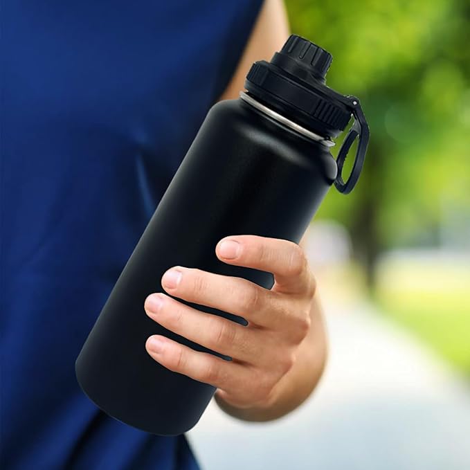 4pack 40 oz Insulated Water Bottle With Straw, Stainless Steel Sports Water Cup Flask with 2 Lids, Wide Mouth Travel Thermal Mug,Black