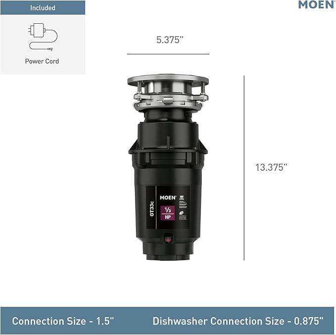 Moen GT33C Lite Series 1/3 Horsepower Continous Feed Garbage Disposal featuring Fast Track Technology, Power Cord Included