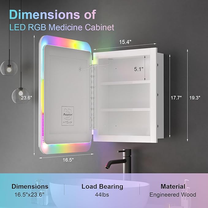 Recessed Medicine Cabinets for Bathroom Medicine Cabinet with Mirror,RGB LED Medicine Cabinet with Lights,3-Color Lighted Medicine Cabinets Wall Mounted,Bathroom Mirror with Storage 16x24