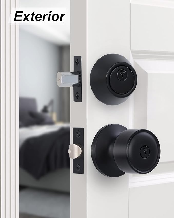 Lanwandeng 4 Sets Keyed Alike Entry Door Knobs and Single Cylinder Deadbolt Lock Combo Set Security for Entrance and Front Door, All Keyed Same Door Lock with Classic Matte Black Finish