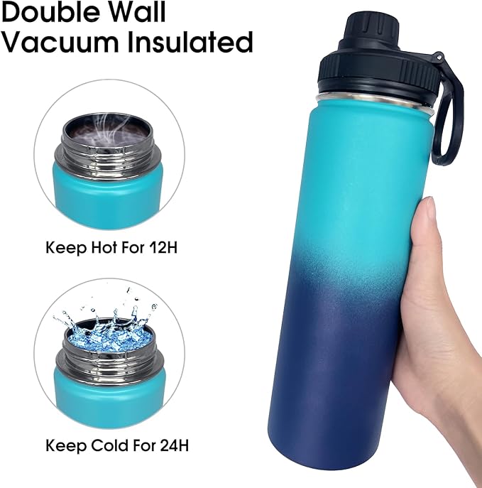 4pack 22 oz Insulated Water Bottle With Straw, Stainless Steel Sports Water Cup Flask with 2 Lids, Wide Mouth Travel Thermal Mug,Blue gradient