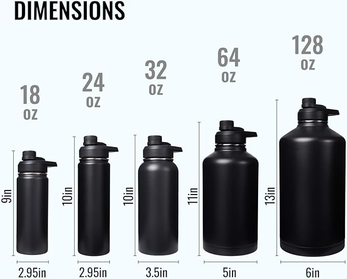 Gallon Water Bottle with Straw&Spout Lid, 128oz Stainless Steel Water Jug with Handle and Wide Mouth, One Gallon Vacuum Double Walled Jug for Sports, Outdoors, Leak-Proof. Black 128oz