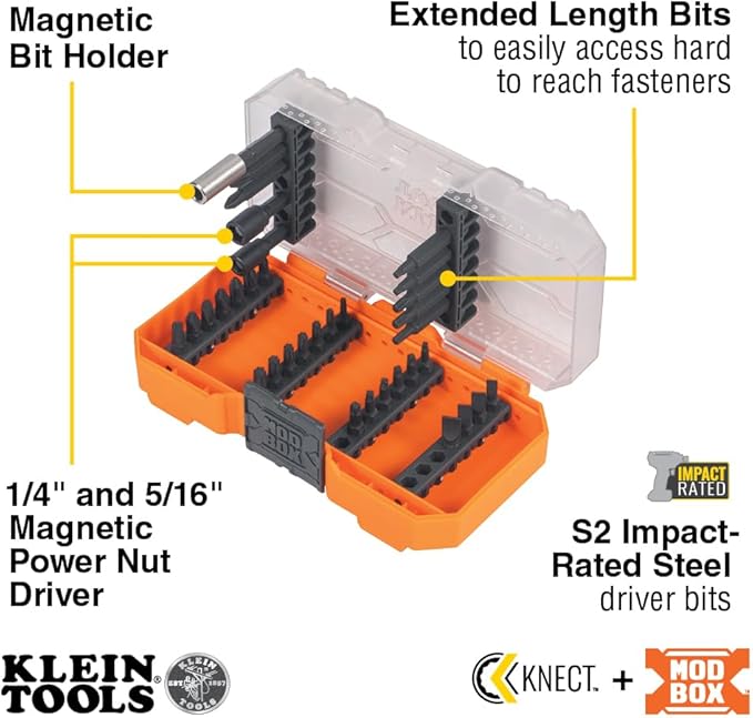 Klein Tools 33800 Impact Driver Bit Set, 35-Piece, S2 Steel with Phillips, Slotted, Square, TORX Bits and Magnetic Nut Drivers in MODbox Case