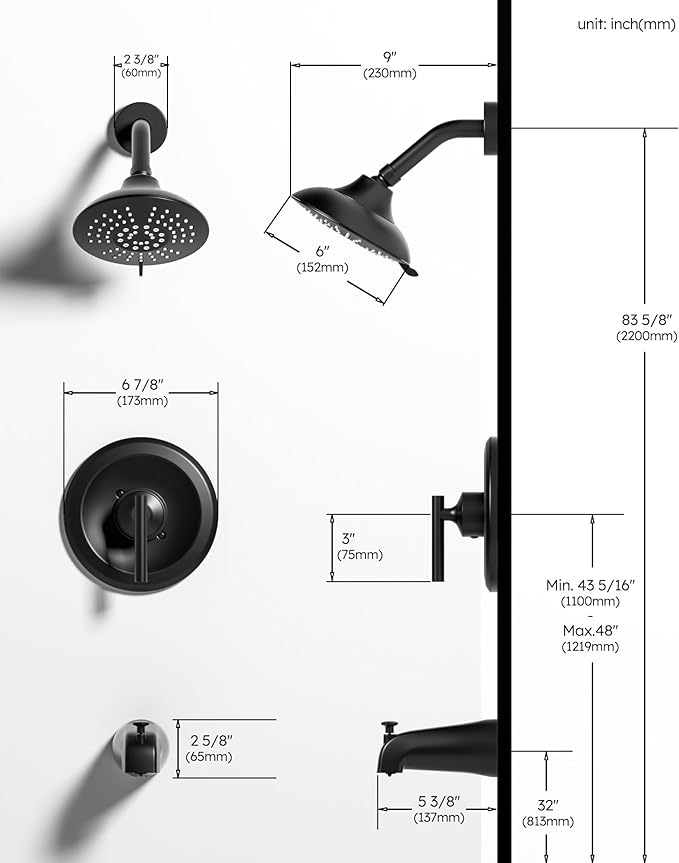 Black Shower Tub Faucet Set: WOWOW Shower Trim Kit with 6-Inch Rain Head and Tub Spout, Single Handle Shower Complete Combo Solid Brass Pressure Balancing Mixer (Valve Included)