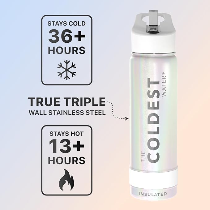 Coldest Sports Water Bottle with Straw Lid Vacuum Insulated Stainless Steel Metal Thermos Bottles Reusable Leak Proof Flask for Sports Gym (24 oz, Cosmic Ice Glitter)