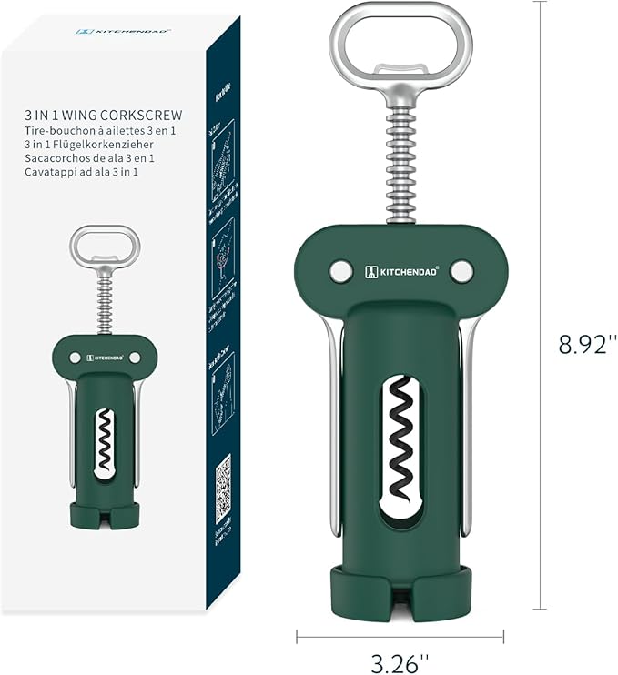 KITCHENDAO 3 in 1 Wing Corkscrew Wine Bottle Opener with Foil Cutter, Built-in Beer Bottle Opener, Multifunctional Wine Opener with Non-Stick Sharp Screw,Easy to Use, Manual Wine Corkscrew，Green