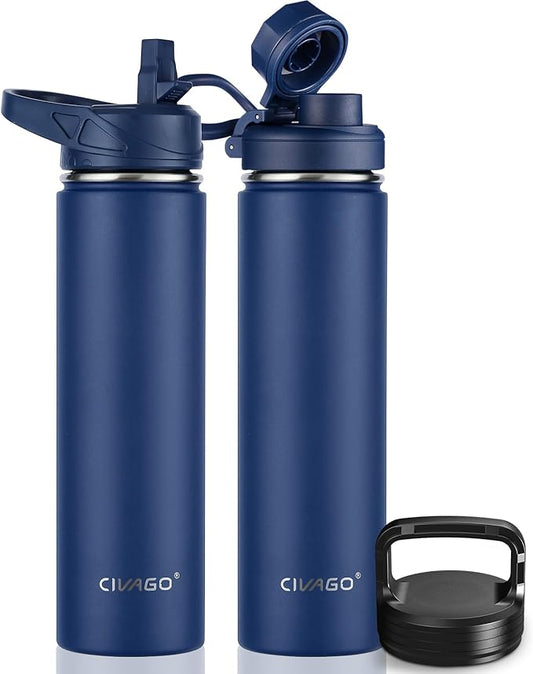CIVAGO 24 oz Insulated Water Bottle With Straw, Stainless Steel Sports Water Flask Cup with 3 Lids (Straw, Spout and Handle Lid), Double Walled Travel Thermal Canteen Mug, Navy Blue