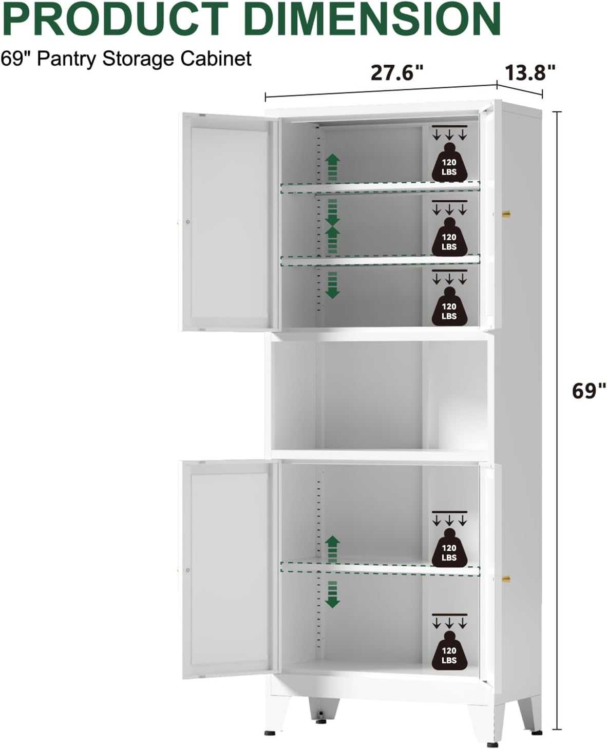 69" Tall Kitchen Pantry Cabinet, Metal Storage Cabinet with 4 Doors and Adjustbale Shelves, Freestanding Cupboards for Dining Room, Living Room, Bathroom