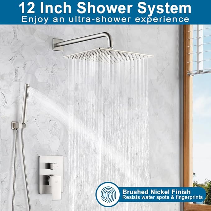 POP SANITARYWARE Shower Faucet Set Brushed Nickel Rainfall 12 Inch Shower Head and Handle Set Bathroom Rain Shower System Wall Mounted Shower Fixture Include Shower Valve and Trim Kit