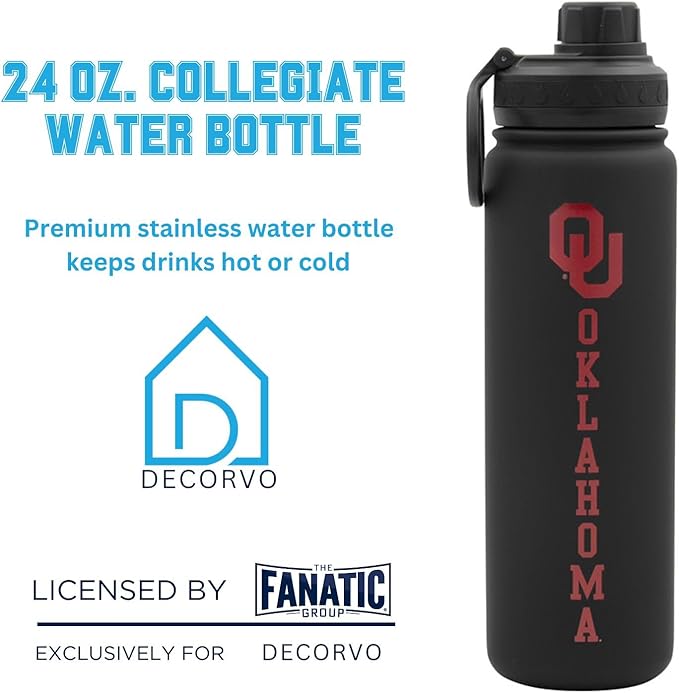 University of Oklahoma Water Bottle - Black Double Walled Stainless Steel 24 oz Keeps Drinks Cold or Hot