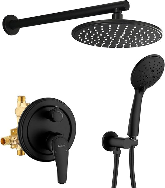 SHAMANDA Shower Faucet Set, Wall Mounted Shower System with High Pressure 9" Rain Shower head and 5-Setting Handheld Shower Head(Pressure Balance Round-In Valve and Trim Included), Matte Black, L01-7