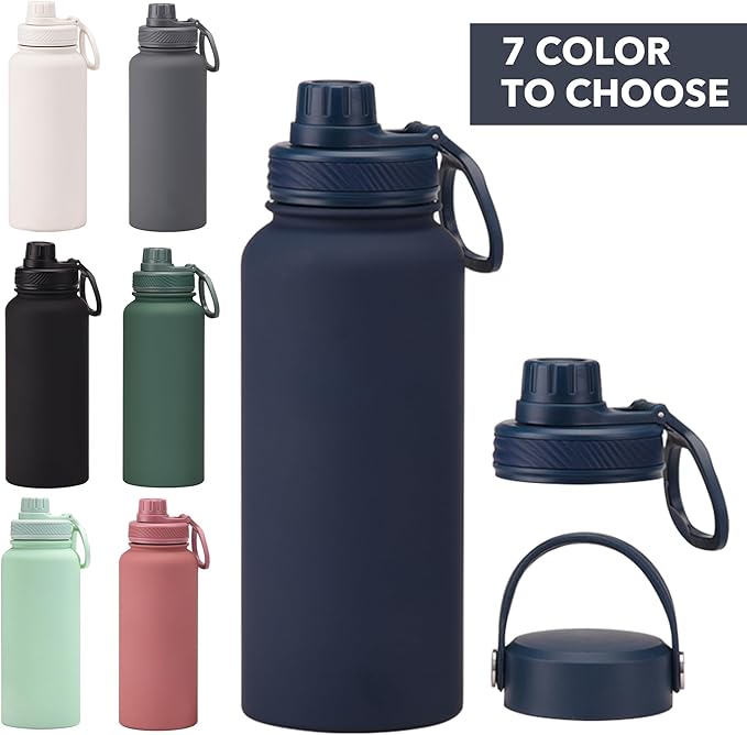 Navy 32 OZ Insulated Water Bottle, Large Metal Insulated Stainless Steel Water Flask, Big Sports Travel Water Bottle with 2 Lids, Insulated Thermos Thermal Mug Cup