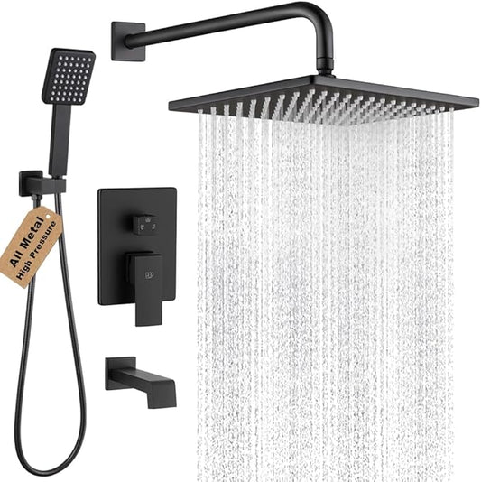 POP SANITARYWARE Matte Black Shower Tub Faucet Set Bathroom Rain Shower System with Tub Spout Wall Mounted Rainfall 10 Inch Shower Head and Handle Set Include Shower Valve and Trim Kit
