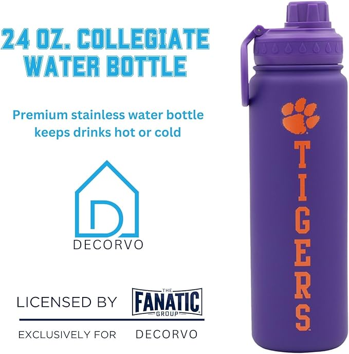 Clemson Tigers Water Bottle - Purple Double Walled Stainless Steel 24 oz Keeps Drinks Cold or Hot