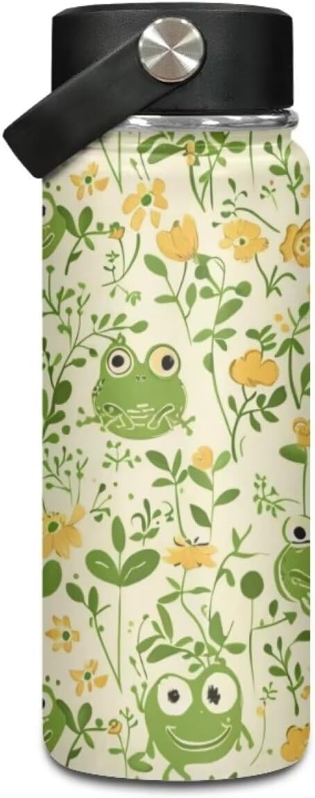 Cute Frog Insulated Water Bottle with Handle 18Oz Stainless Steel Double-Walled Thermos For Cold Drinks For Hot Beverages Vacuum Insulated Reusable Bottle