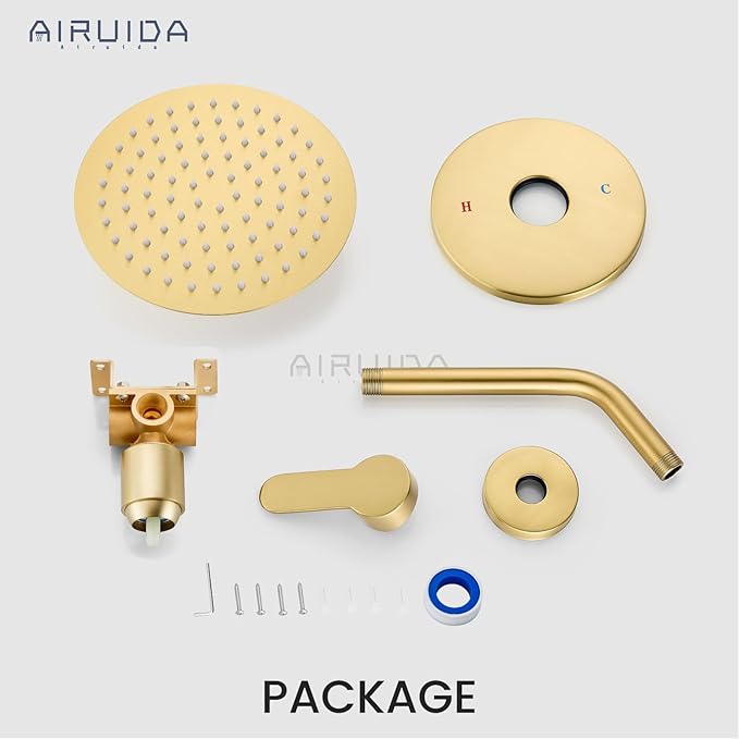 Airuida Shower Faucet Set,8 Inch Round Rainfall Shower Head,SUS304 Stainless Steel Single Handle Shower Trim Kit,Wall Mount Bathroom System with Female Threads Valve Brushed Gold
