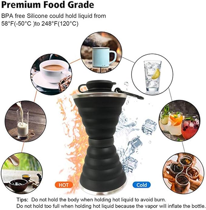 Collapsible Water Bottle, Camping Cup With Carabiner, Reuseable Silicone Foldable Leak Proof Portable Sports Travel Water Bottles For Outdoor, Travel Gym Hiking, BPA Free, Cycling Cups with Carabiner