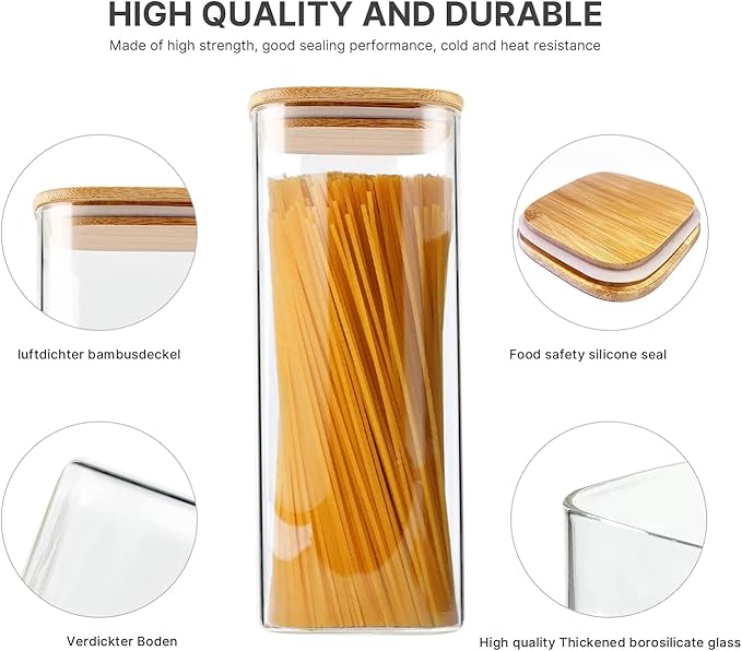 Glass Food Storage Jars 76 oz Set of 3,Glass Storage Containers Clear Glass Food Canister with Bamboo Lid Airtight For Serving Tea, Coffee, Flour, Sugar, Candy, Cookie, Spice and More (Square)
