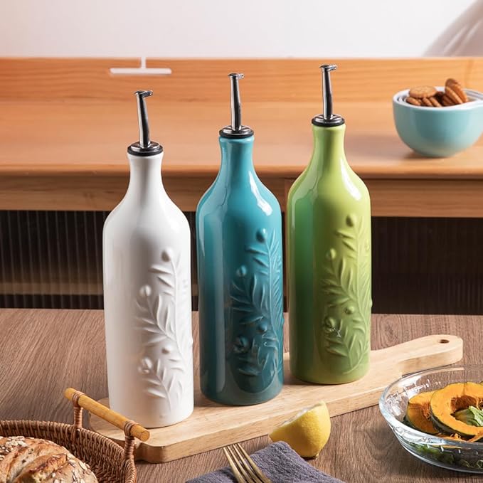 Sweejar Large Olive Oil Dispenser Bottle with Spout, 24 Oz Ceramic Oil Dispenser for Kitchen, Relief Opaque Oil Cruet, Oil Container for Cooking, EVOO, Avocado Oil, Vinegar, Pack of 1 (Gradient Blue)