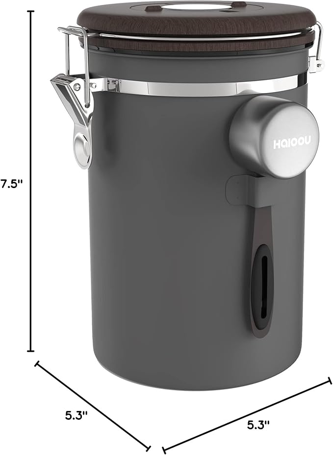 HAIOOU Airtight Coffee Canister Wood Grain [New Version], 22OZ Large Stainless Steel Coffee Bean Storage Container with Date Tracker, Measuring Scoop, CO2 Releasing Valves - Walnut and Gray