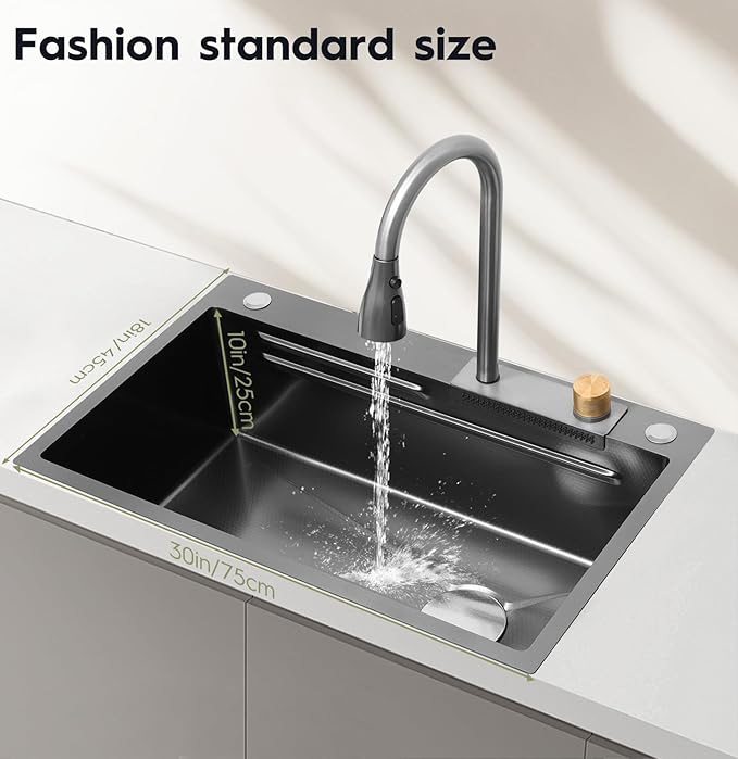 30"Kitchen Sink with Faucet Combo Waterfall Black Stainless Steel Waterfall Sink Kitchen Countertop Multi-Functional Sinks Farmhouse Undermount or Countertop Drop in