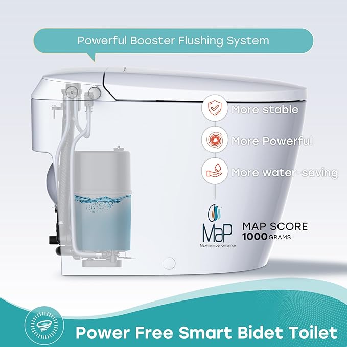 HOROW Non-electric Bidet toilet with Dual Bidet Nozzles Cleanse, Smart Toilet Built-in Pump for Power Flush,Map Flush 1000 Grams, ADA Chair Height Toilets with Footkick Flush