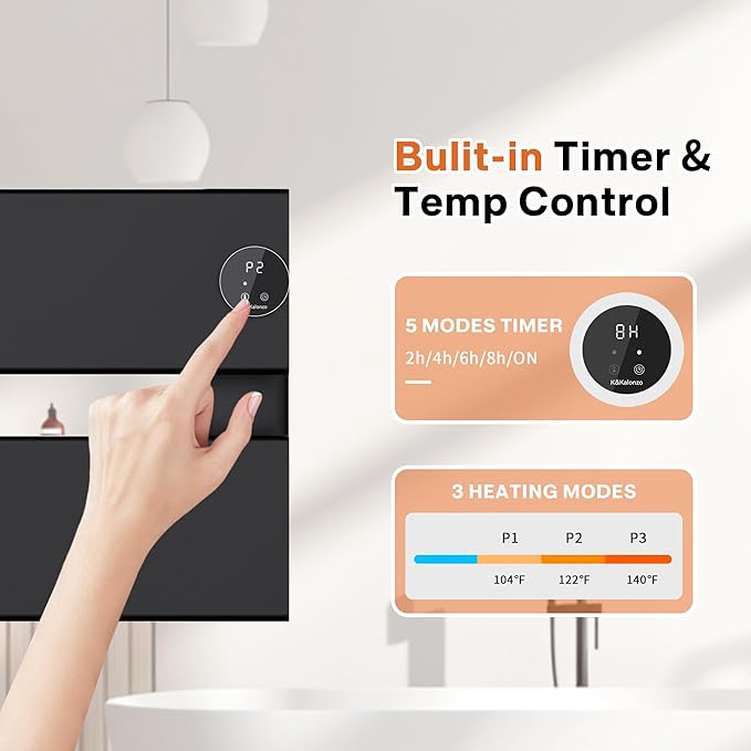 K&KALONZO Electric Towel Warmer, 18.35" W x 14.6" H Wall-Mounted Towel Heater with Built-in Timer, Waterproof Aluminum Towel Warmer for Bathroom, Support Plug-in and Hardwired, Black, K2-R-B