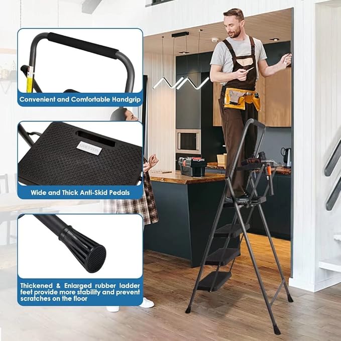 4 Step Ladder, GOLYTON Lightweight Folding 4 Step Stool with Tool Platform, Wide Anti-Slip Pedal and Convenient Handgrip, Sturdy Steel Ladder Hold Up to 350 lbs, Gray