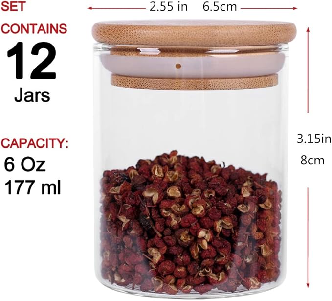 Glass Jars Set,Upgrade Spice Jars with Wood Airtight Lids and Labels, 6oz 12 Piece Small Food Storage Containers for Home Kitchen, Tea, Herbs, Sugar, Salt, Coffee, Flour, Herbs, Grains…