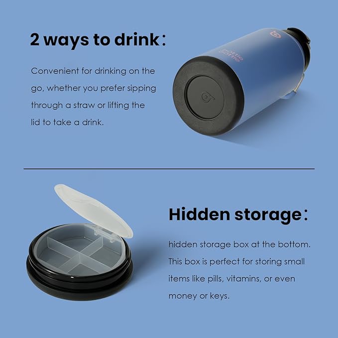 BOTTLE BOTTLE 32oz Insulated Water Bottle Stainless Steel Sport Water Bottle with Straw Dual-use Lid Design for Gym with Pill Box (sky summer)