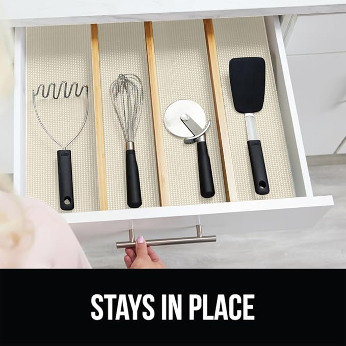 Gorilla Grip powerGRIP Drawer Shelf and Cabinet Liner, Thick Strong Hold, Non-Adhesive Liners Protect Kitchen Cabinets and Cupboard, Bathroom Drawers, Easy Install, Breathable Mat, 12" x20', Cream