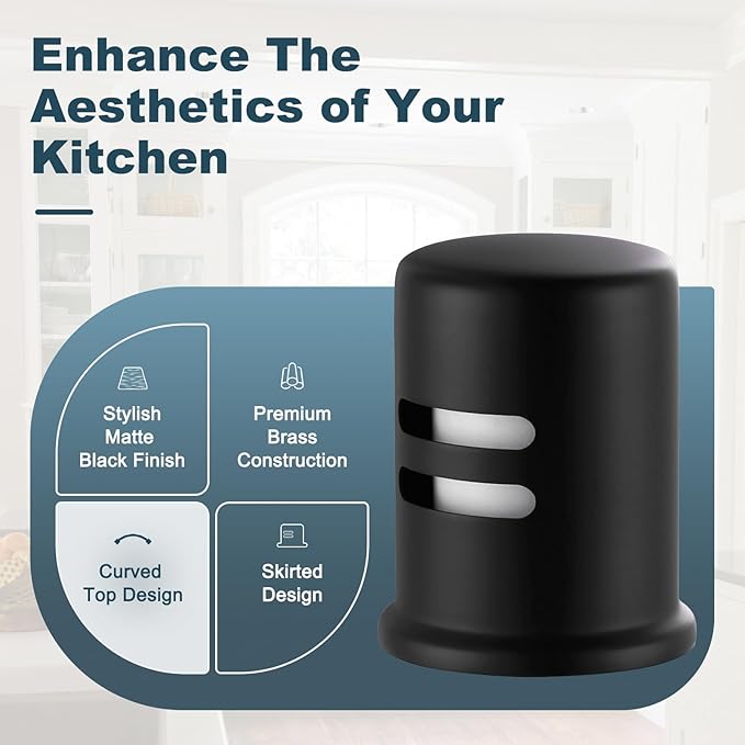 Dishwasher Air Gap Cover, Dishwasher Air Gap Cap for Kitchen Sink, Solid Brass Dishwasher Overflow Vent Cap Replacement Kit, Matte Black