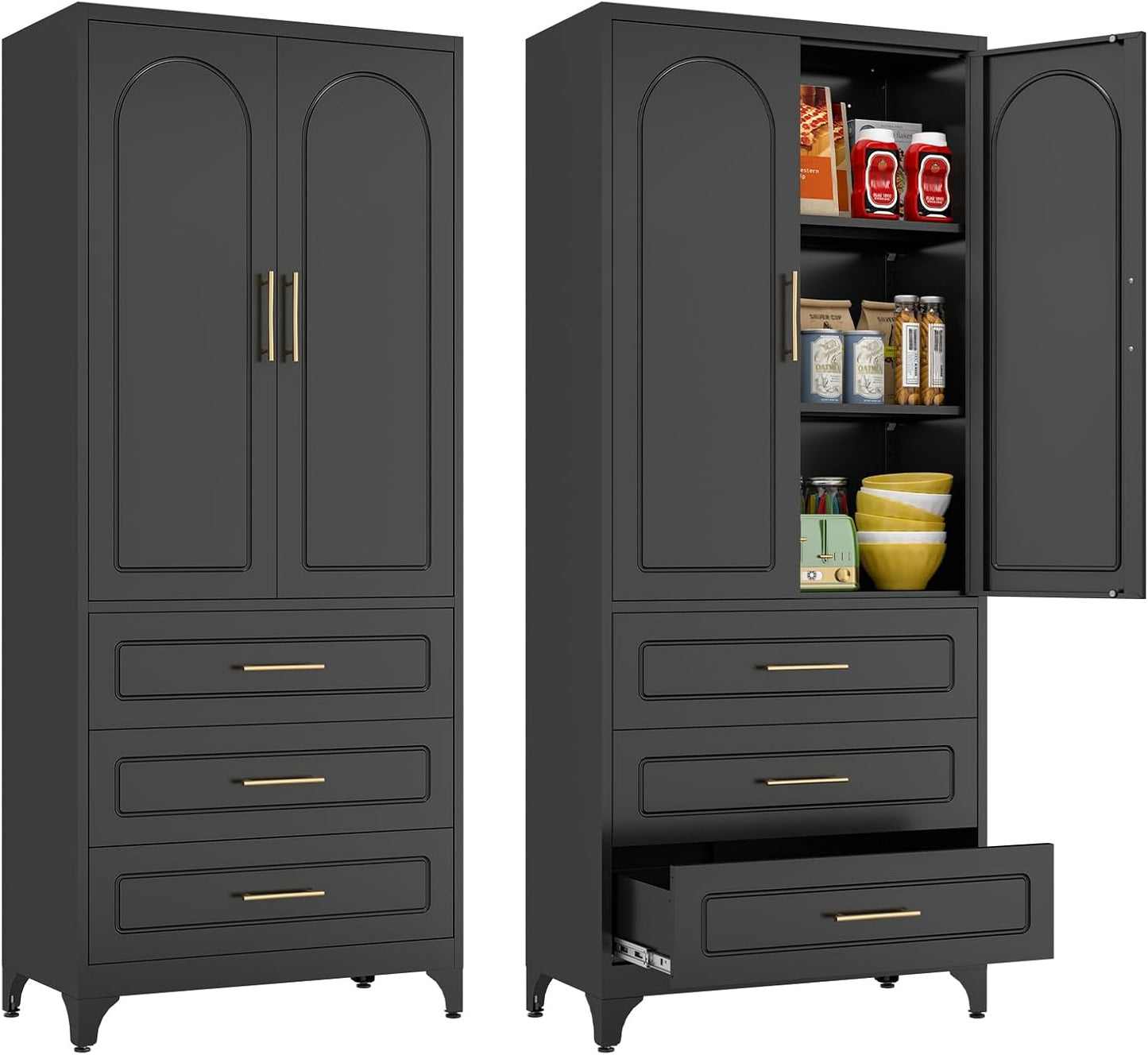 Kitchen Pantry Cabinet, 75" Tall Pantry Cabinet with Three Drawers, Freestanding Food Cupboard with Doors and Shelves, Metal Storage Cabinets for Dining, Living Room, Black, Assembly Required