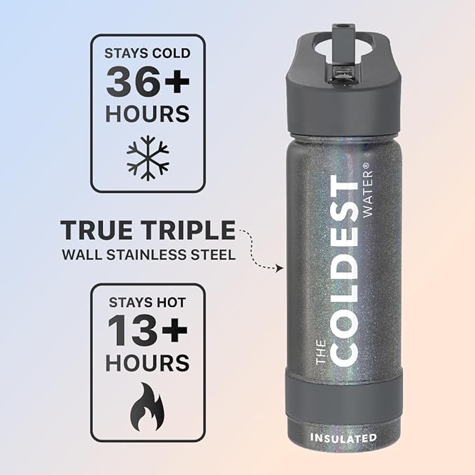 Coldest Sports Water Bottle - Straw Lid Bottle with Handle Leak Proof, Vacuum Insulated Stainless Steel, Double Walled, Thermo Mug, Metal | Stardust 18 oz