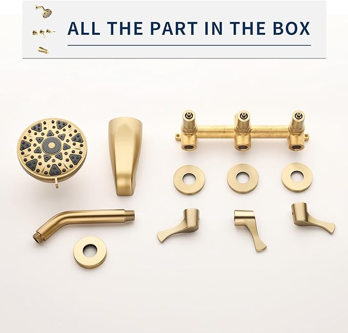 3 Handles Shower Faucet Set with Tub Spout Bathtub Shower Faucet Combo Set Shower System Complete Tub and Shower Trim Kit Brushed Gold Shower Set