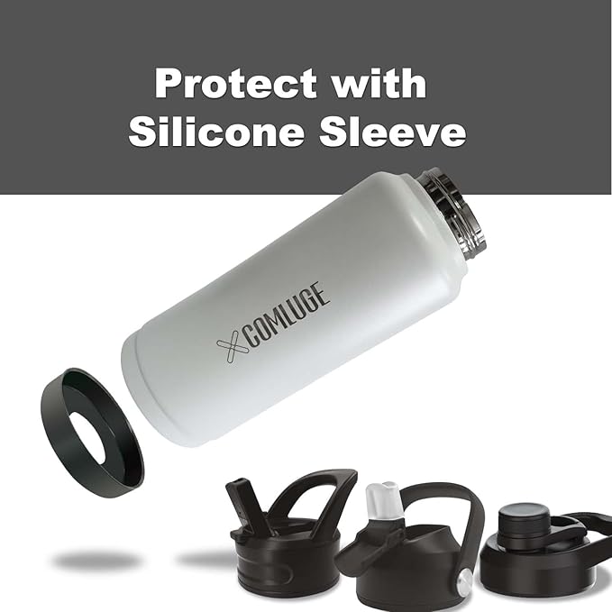 white 32 oz insulated water bottle with straw stainless steel water bottle,double wall,leak proof water bottles with 3 lids,travel,gym mens water bottle(Pearl Grey, 32oz)