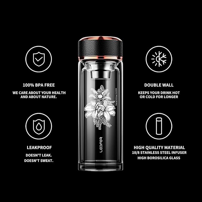 Tea Infuser Bottle - BPA Free Double Wall Glass Travel Tea Mug With Stainless Steel Filter - Leakproof Tea Tumbler with Strainer for Loose Leaf Tea and Fruit Water 17 oz Lily
