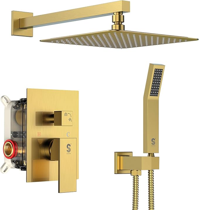 SR SUN RISE Shower Faucets Sets Complete Brushed Gold Square Rain Shower Head with Handheld Spray All Metal Shower Faucet Trim Repair Kits (Contain Shower Valve)